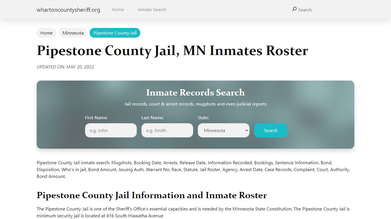 Pipestone County Jail, MN Jail Roster, Name Search